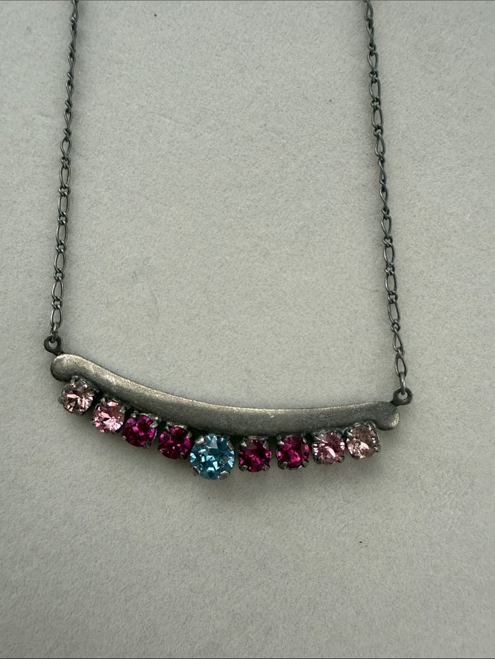 Sabika Gunmetal Bar Necklace with Pink and Blue Crystals